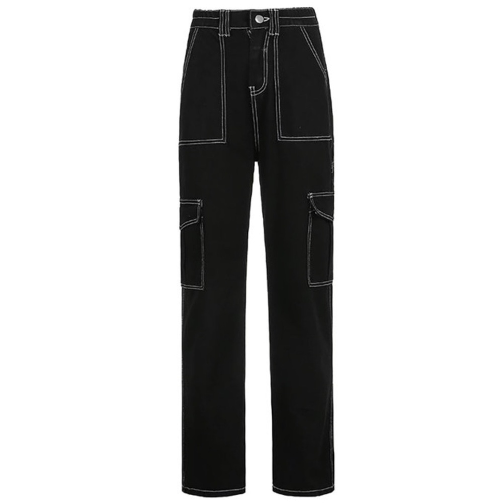 Black cargo jeans with white stitching